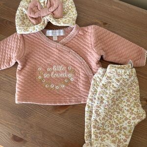 Pink Quilted Baby Outfit with Floral Pants and Hat